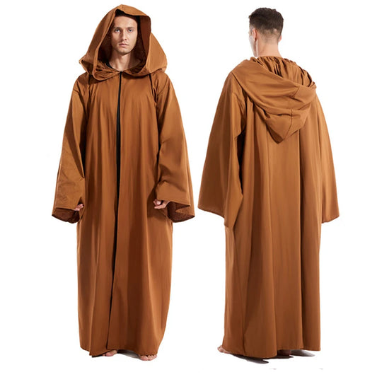 Men Black Jedi Robe Cosplay – Knight Monk Hooded Cloak for Adults